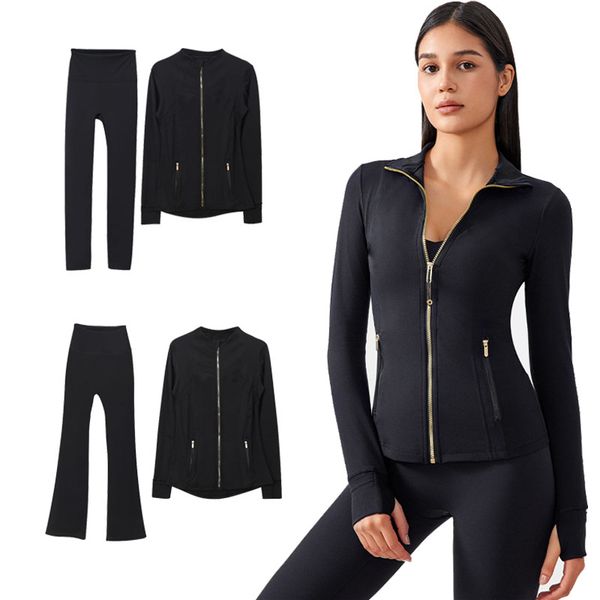 Women Yoga Flared Pants Hooded jacket set gold zipper jacket sets Zipper with steel stamp Coat Elastic Sportswear Outfits Pants Tracksuits