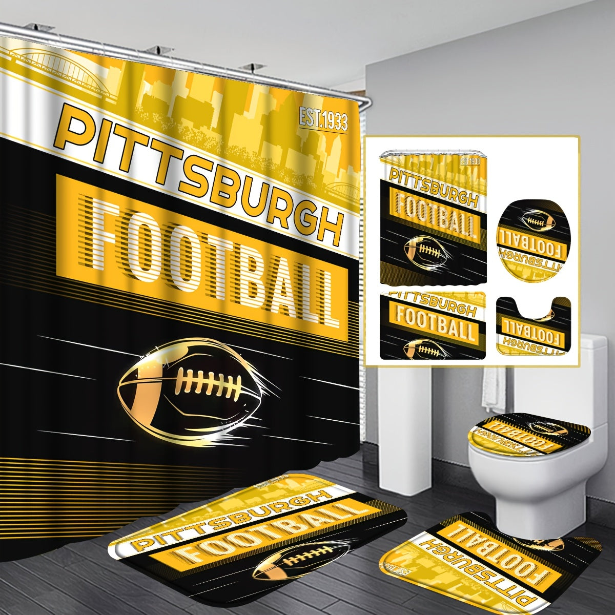 TEMU 4pcs 1933 Football Team Shower Curtain Set With Shower Curtain And Rugs - Waterproof Bathroom Decor - Includes 12 Hooks And Non-slip Bath Mat -