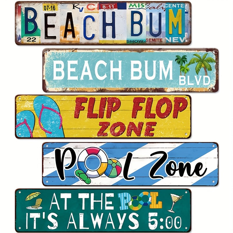 TEMU 5pcs Vintage Pool Metal Sign - 4x16inch, Waterproof Outdoor Wall Decor For Swimming Parties & Beach, Ideal For Backyard & Deck