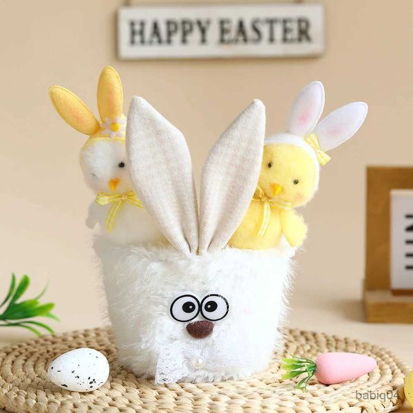 Storage Baskets Easter Bunny Basket Empty Easter Egg Hunting Bucket Rabbit Ears Handbag Plush Rabbit Storage Bag Candy Basket Easter Party D