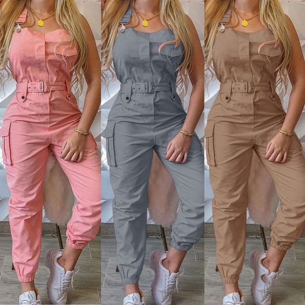 Women&#039;s Fashion Cargo Jumpsuit Belt Sleeveless Suspenders Simple Constraint Foot Pants