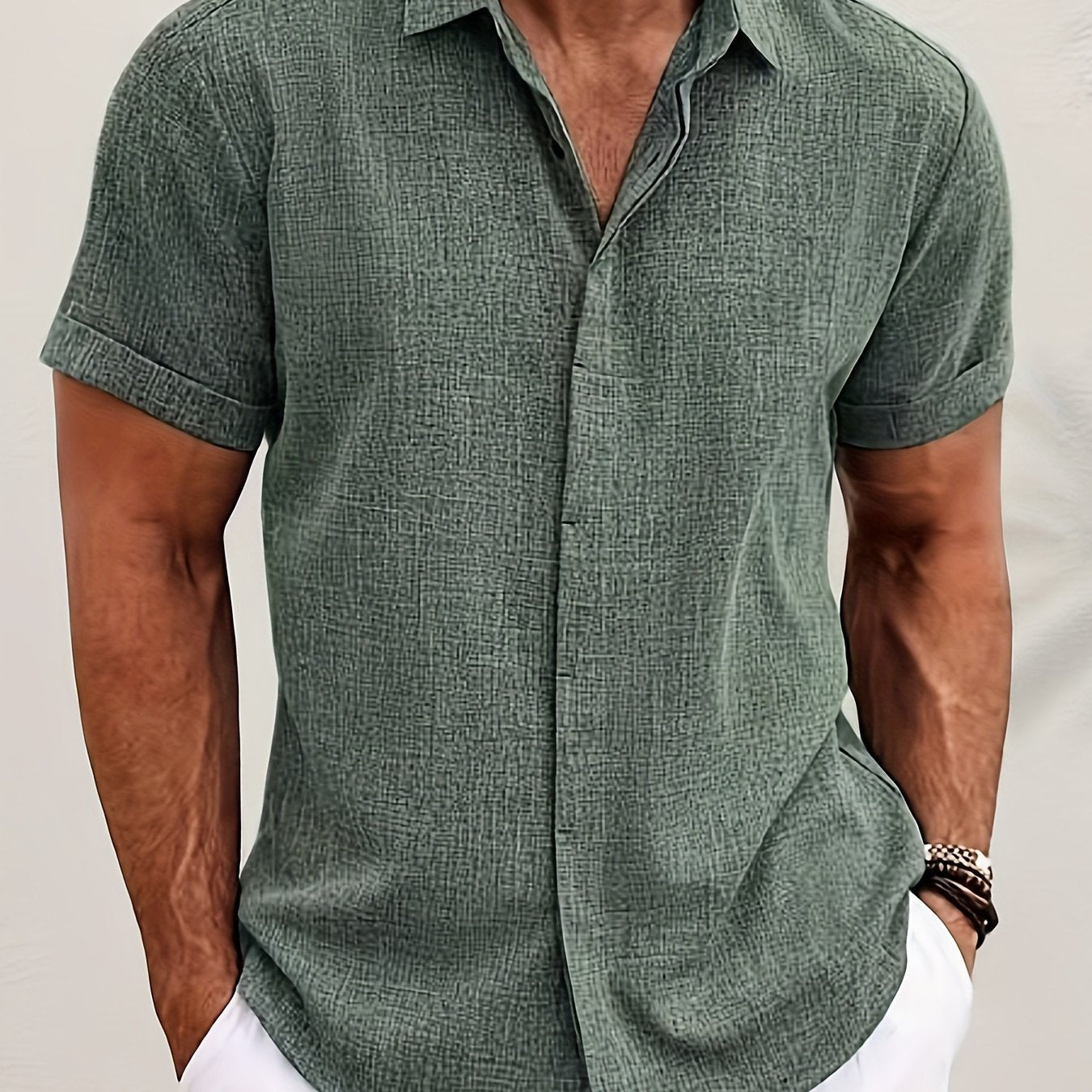 TEMU Men' Front Hemp Cardigan Short Sleeve High Quality Shirt Short Sleeve Lapel Shirt