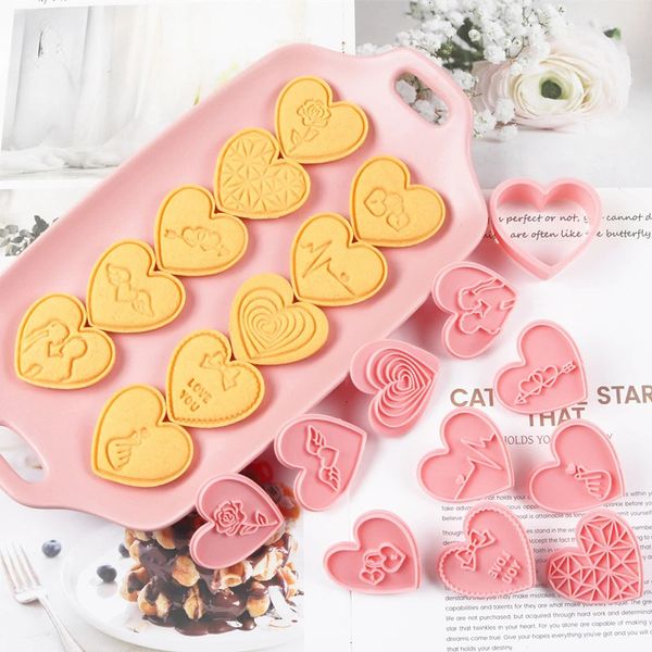 10PCset Love Letter Fondant Embossing Stamp Valentines Day Heart Shape Cookie Mold with Cutter Baking Mould Cake Tools 250109