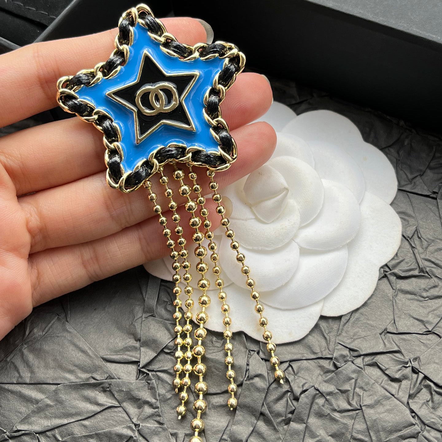 Blue Star Brooches Tassels Design Black PU Leather Crystal Diamond Pearl Print Fashion Women Couple Love Brooches Wedding Party Luxury Jewellery Gif