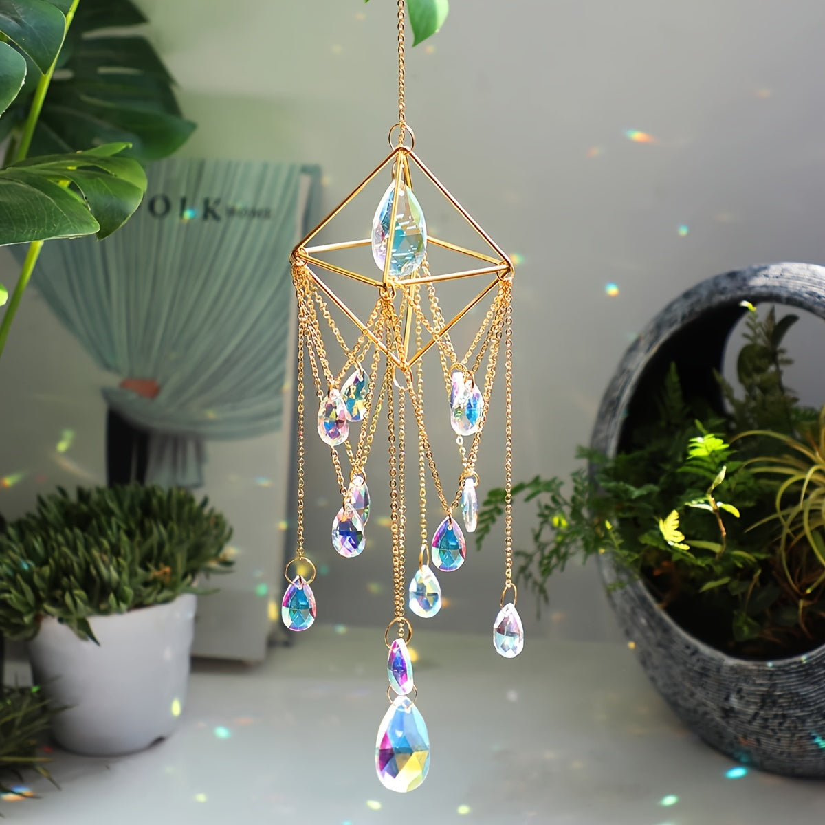 TEMU 1pc Elegant With Star, - Golden Metal Frame Teardrop Hanging Decoration For Garden, Bedroom & Home - Wind Chime Wall Decor, No Power Required,