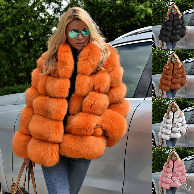 Women&#039;s Fur Winter Women Luxury Faux Fox Coat Plus Size Stand Collar Long Sleeve Jacket