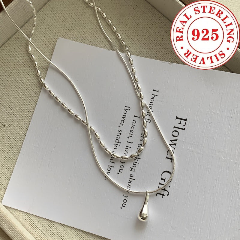 TEMU Exquisite S925 Silver Double-layer Simple Droplet Shaped Pendant Necklace, Suitable For Women's , Birthday Gifts, Valentine's Day Gifts