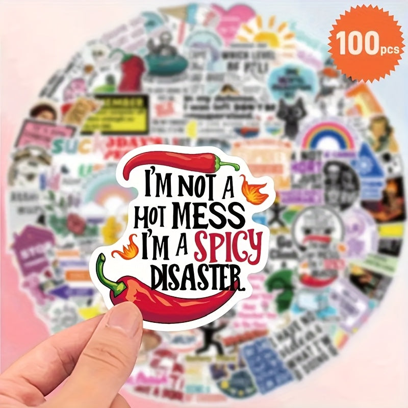 TEMU 100pcs Humorous Life Stickers - Reusable Cartoon-themed Vinyl Decals For Cars, Laptops, Phones, Bicycles & Helmets - Self-adhesive, Glossy