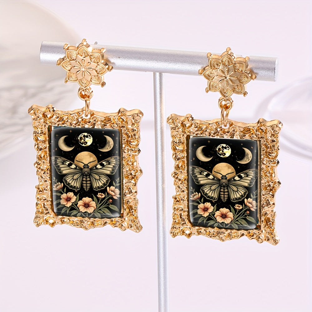 TEMU 1 Pair Handmade Glass Dome Earrings - & Moth , Golden-tone Metallic Finish, Stainless Steel Post, Perfect For Men, Casual Attire, |floral