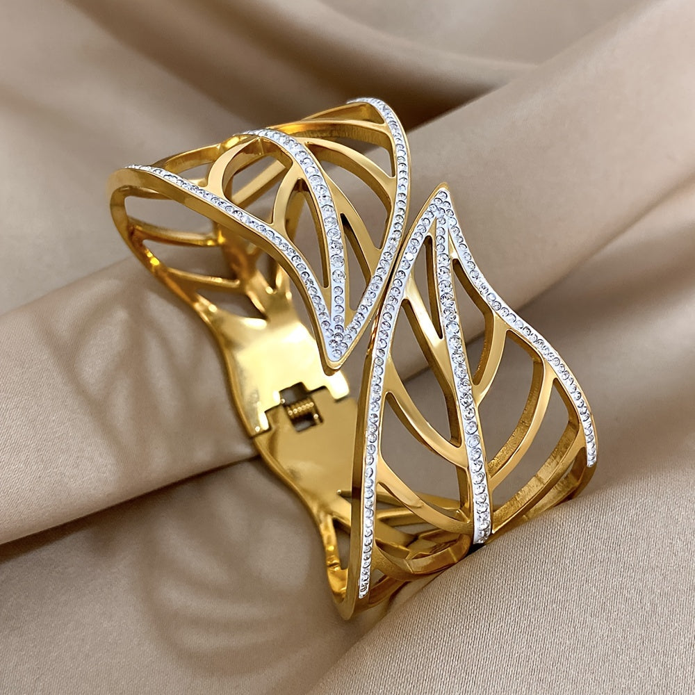 TEMU Luxury 14k Gold Plated Stainless Steel Cuff Bracelet, Hollow Leaf Design With Accents, Elegant Jewelry For Women And Men