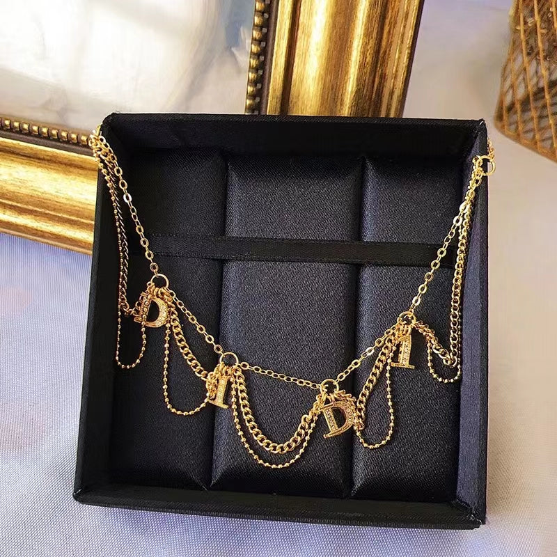 Trendy multi-layered tassel letter pendant necklace for women personalised with gold plated and diamond collar
