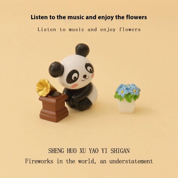 Creative Micro Landscape Panda Flower Viewing Mini Resin Retro Phonograph Model Home Pottery Landscape Decoration