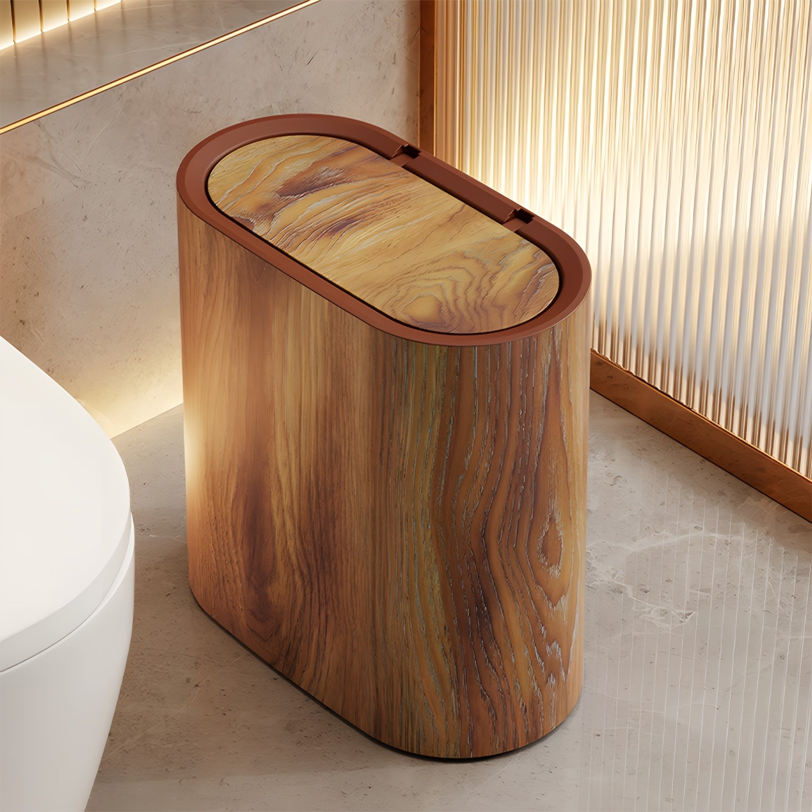 TEMU Senmeo 12l Square Odor-sealing Trash Can With Marble & Wood Grain Design - Compact Plastic Bin With Lid, No Electricity Needed, , Bathroom Trash