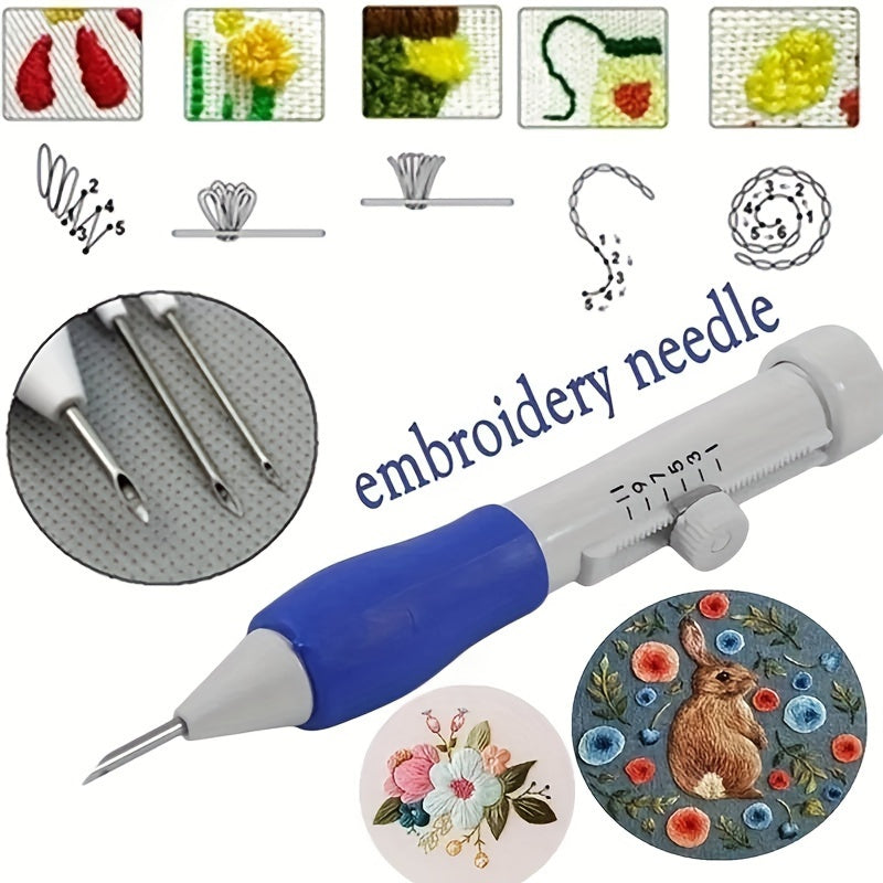 TEMU Complete Embroidery Punch Needle Kit With Blue Handle- Includes Multiple Needles And Accessories For Diy Sewing And Knitting Crafts|