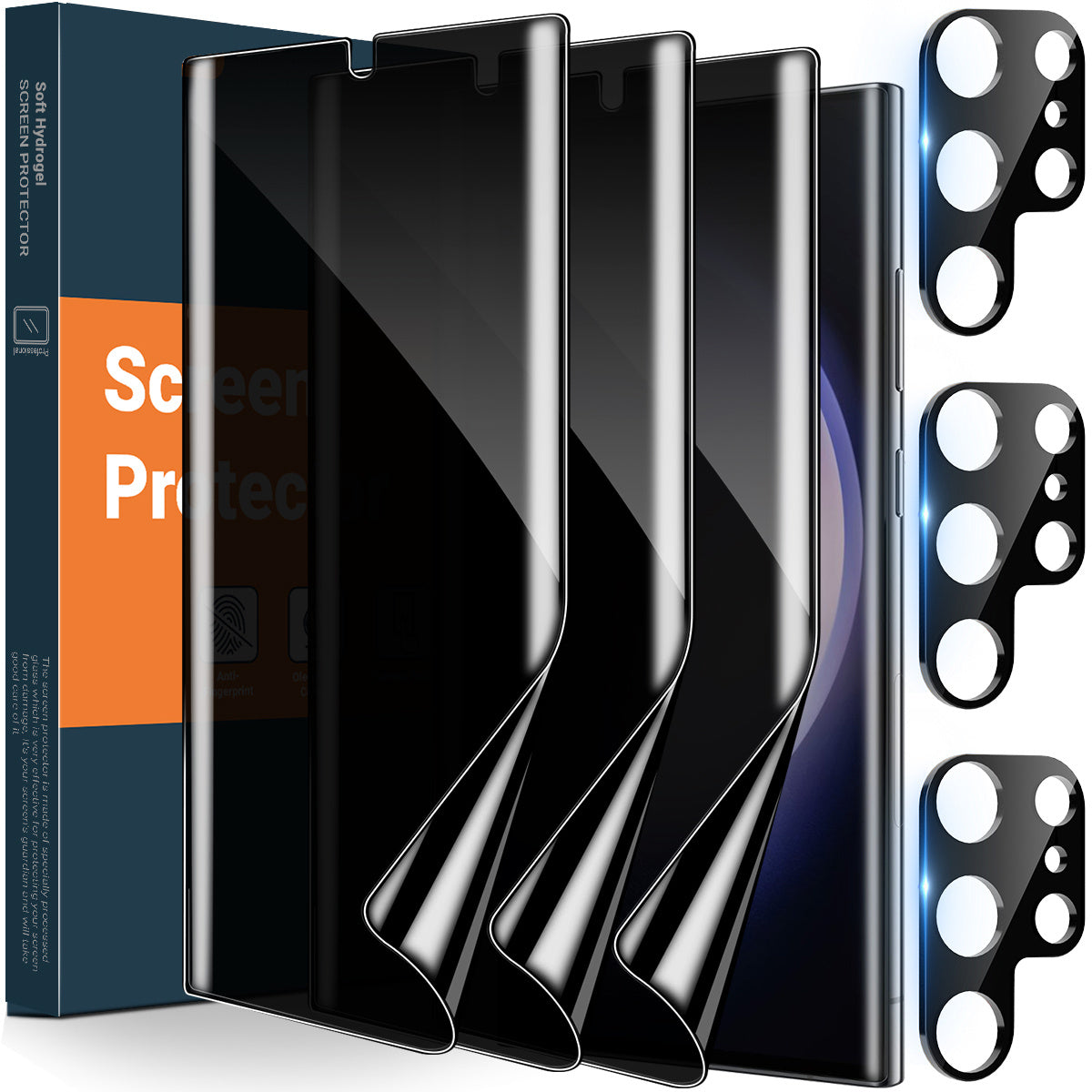 TEMU [6 Pcs Set] 3 Pack Anti-spy Privacy Hydrogel Screen Protector With 3 Pack Camera Lens Protector For Galaxy S25 S24 Ultra S23 S22 [not Glass]