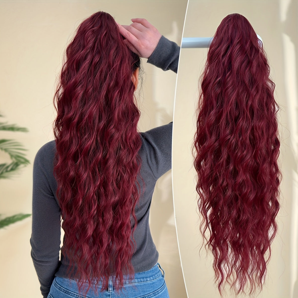 TEMU Clip-in Ponytail Hair Extensions 28" Long Curly Wave Synthetic Hairpiece - Burgundy-wine Red, Blonde, Dark Brown, Black, Grey, Blonde - & Length