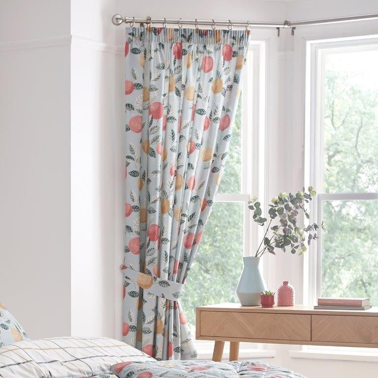 Dreams and Drapes Design Botanical Fruit Pencil Pleat Curtains 66 x 72 - Duck Egg In Blue
