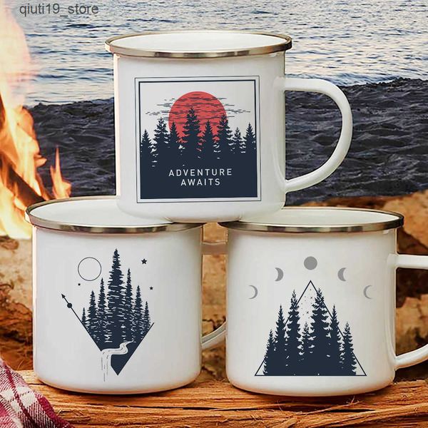 Mugs Sunset Forest Creek Creative Enamel Coffee Mugs Outdoor Travel Water Cups Camping Bonfire Party Beer Drink Milk Mug Best Gifts J241204