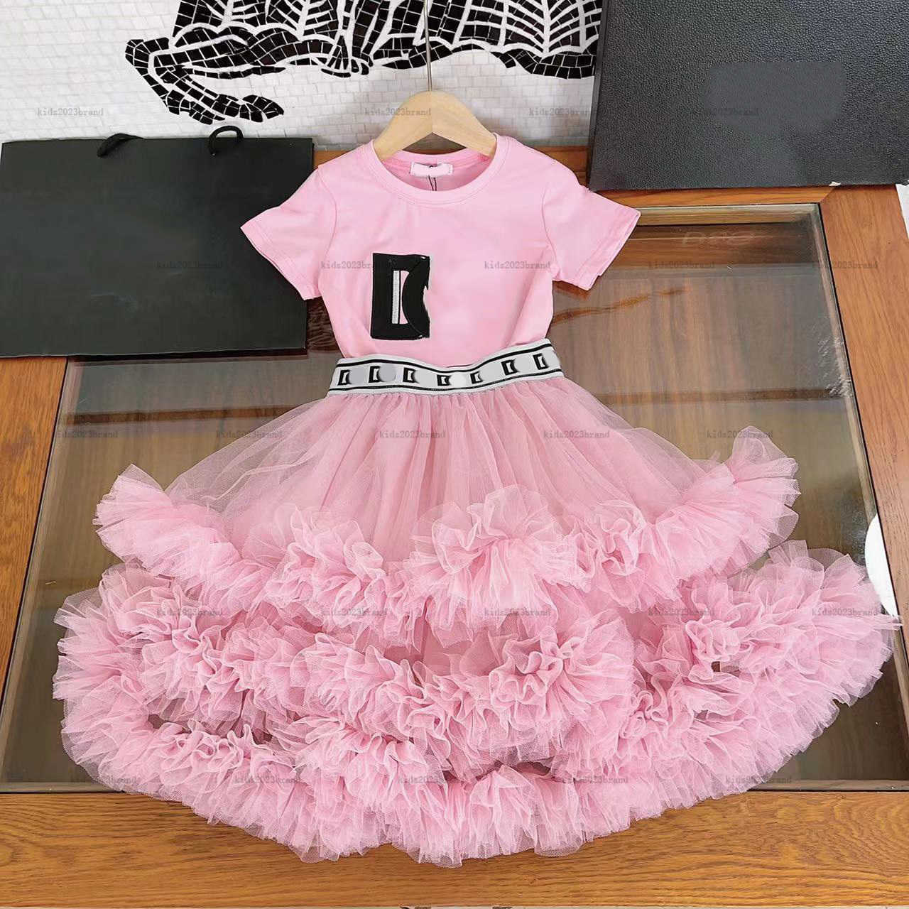 New skirt set kid sets kids designer clothes girls Round neck Pure cotton letter embroidery t-shirt cake Net yarn long Half skirts suit High quality