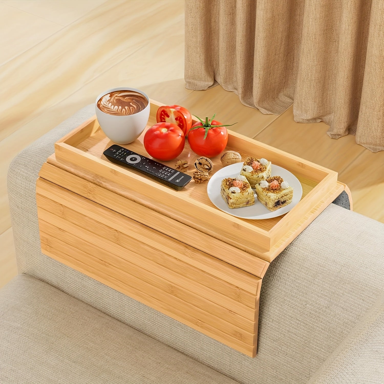 TEMU Foldable Bamboo Sofa Armrest Tray - High-quality Wooden Snack & Beverage Holder With Multiple Compartments For Breakfast, Coffee, Or Remote