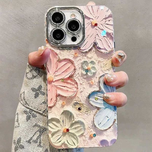 Luxury Flowers Glitter Laser Phone Case For iPhone 15 Pro Max 14 Plus 13 12 11 Diamond Soft Shockproof Lens protection Cover Y240815