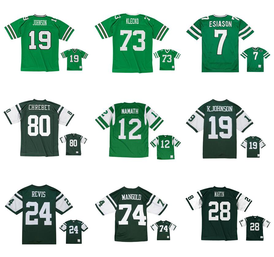 Stitched football Jerseys Joe Namath 19 Johnson Wayne Chrebet Curtis Martin Nick Mangold Boomer Esiaso Joe Klecko mesh Legacy Retired retro Classics
