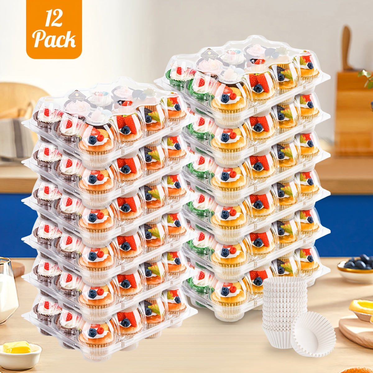 TEMU 12pcs 12 Count Cupcake Containers, 144 Paper Cups, 12pcs Cupcake Holders Plastic Stackable Cupcake Boxes With Detachable Tall Dome Lids And 144