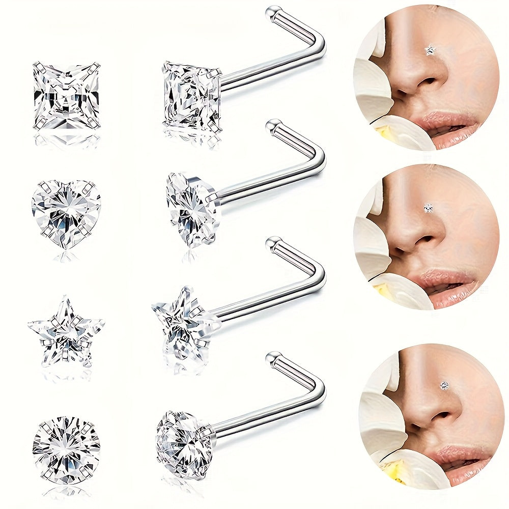 TEMU 4pcs Set 20g Surgical Steel Hypoallergenic Nose Piercing Jewelry With 5a Grade Cubic Synthetic Zirconia For Women's Nose Studs - Casual Attire