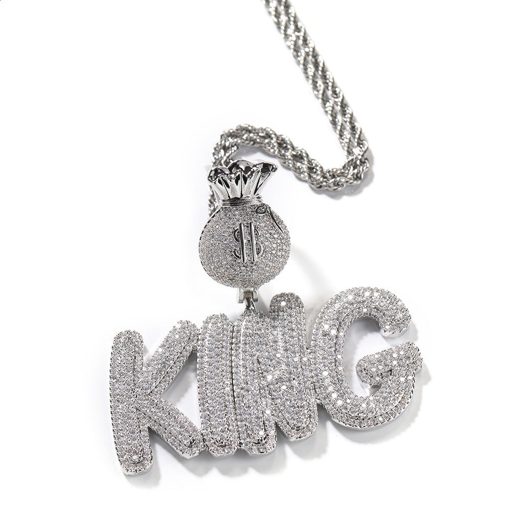 Charms THE BLING KING Custom Bubble Letters With Dollar Sign Money Bag Clasp Name Pendant Necklace Iced Out CZ 24inches Charm Hiphop Jewelry 230908