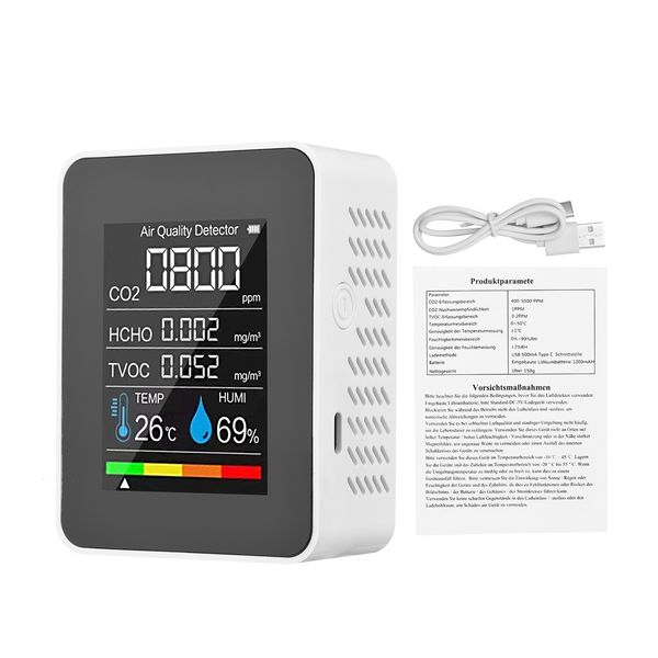 Gas Meters Air Quality Monitor Indoor CO2 Detector 5 in 1 Formaldehyde HCHO TVOC Tester LCD Temperature Humidity Tester CO2 Alarm Meter 2305
