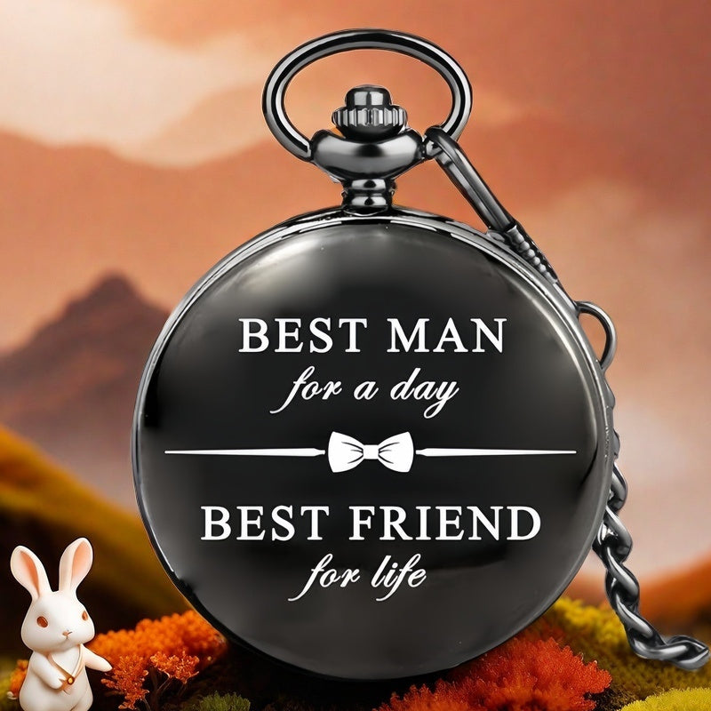 TEMU Best For Man , Best Bud For Life - Vintage Black Quartz Pocket Watch With Arabic & Chain - Perfect Groomsman Gift, Pocket Watch, Pendant