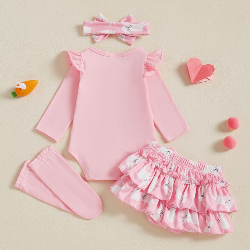 K498 0-18M Newborn Baby Girl Easter Outfit Bunny Clothes Long Sleeve Romper+Bloomers Tutu Skirt+Socks+Headband 4Pcs