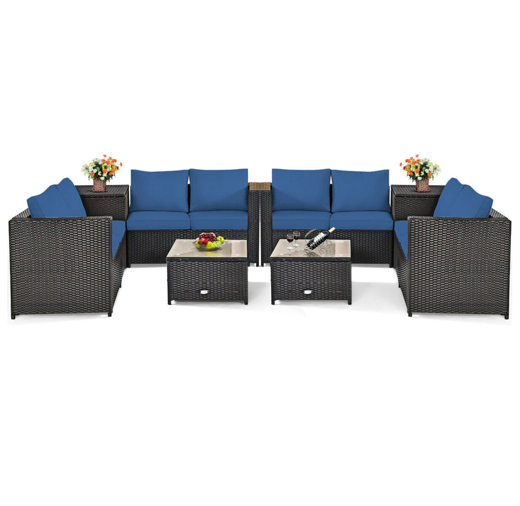 Rattan 8-Piece Storage Loveseat Patio Set - Blue Cushions