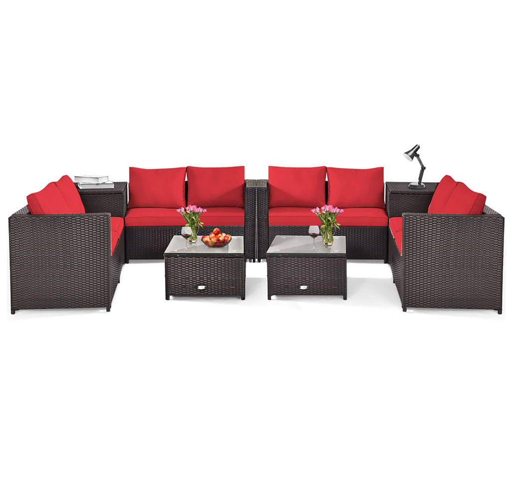 Rattan 8-Piece Storage Loveseat Patio Set - Red Cushions