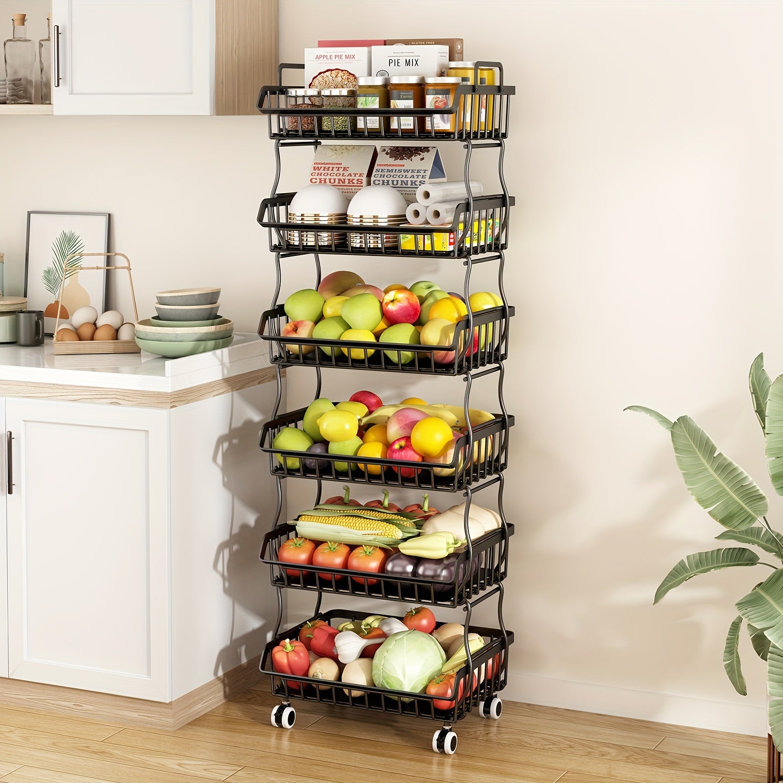 TEMU 6-tier Stackable Metal Wire Storage Basket Organizer With Wheels - Space-saving Kitchen Pantry Organizer For Fruits, Vegetables, Utensils &