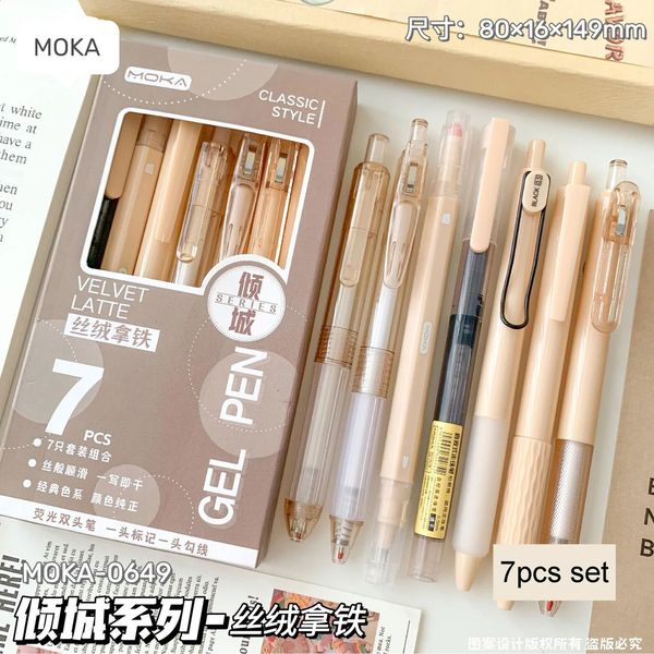 7pcs Kawaii Pen Black Ink Gel Pens DoubleHeaded Highlighter Aesthetic Stationery Set Ballpoint Back To School 241111