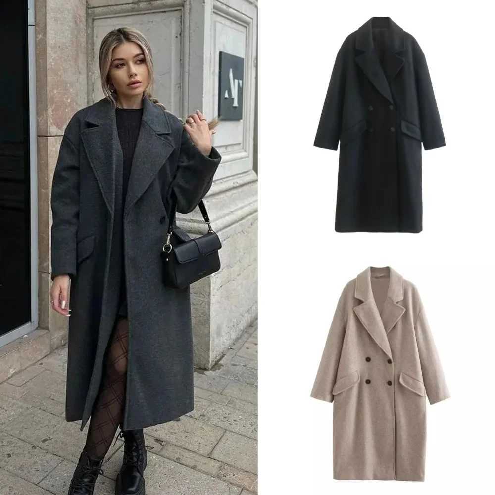 2024 Autumn and Winter New Womens Fashion and Casual Versatile Flip Collar Double Breasted Button Long Woolen Trench CoatX240921