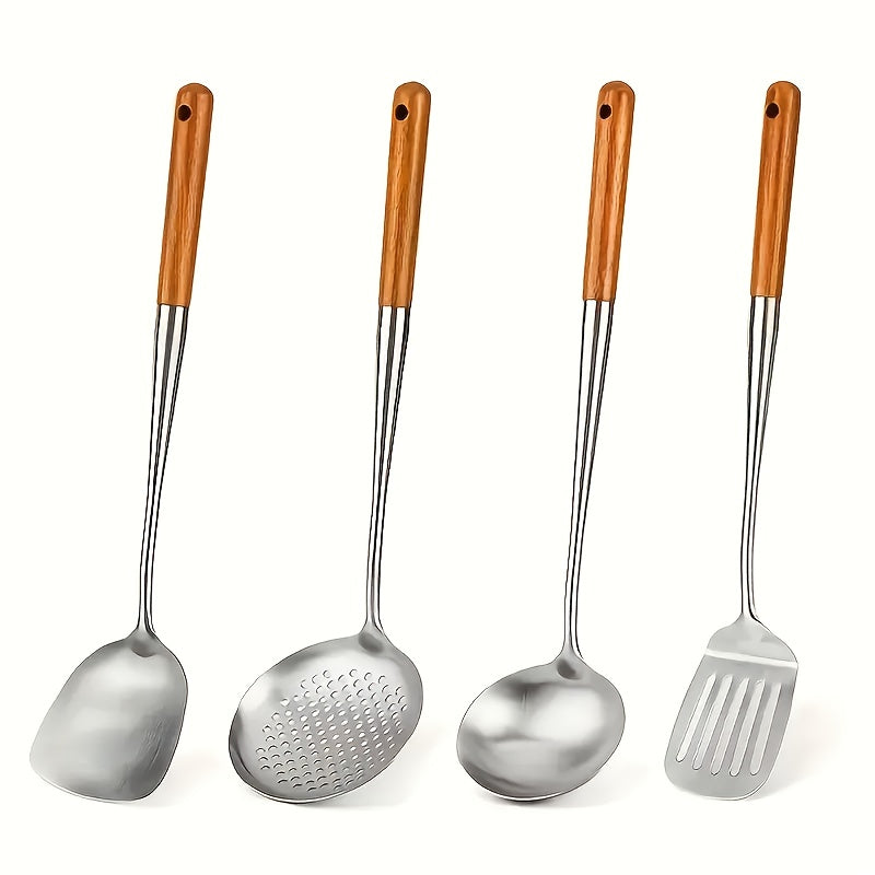 TEMU 4pcs Stainless Steel Wok Utensils Set - Durable, Non-electric, Food Serving Equipment Including Spatula, Spoon, Skimmer For Kitchen Cooking And