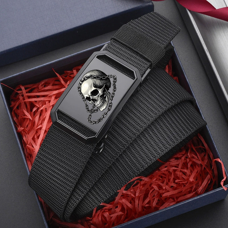 TEMU 1pc Men's Skull Chain Belt - Automatic , Canvas Panels, Design For Outdoor & Casual Attire, Versatile Everyday Belt| Belt|automatic Belt
