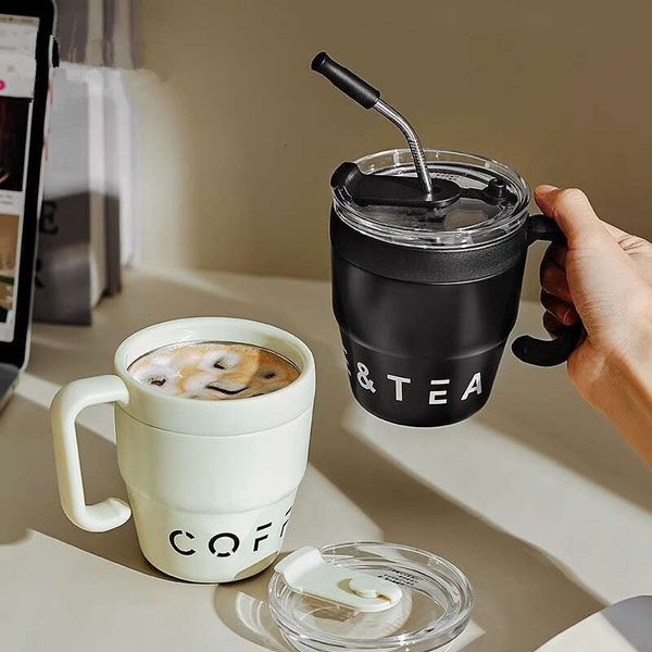 Coffee Thermos Straw Cup: Stylish 2024 Office Tumbler, Double-Walled Steel, Portable Couple Mug