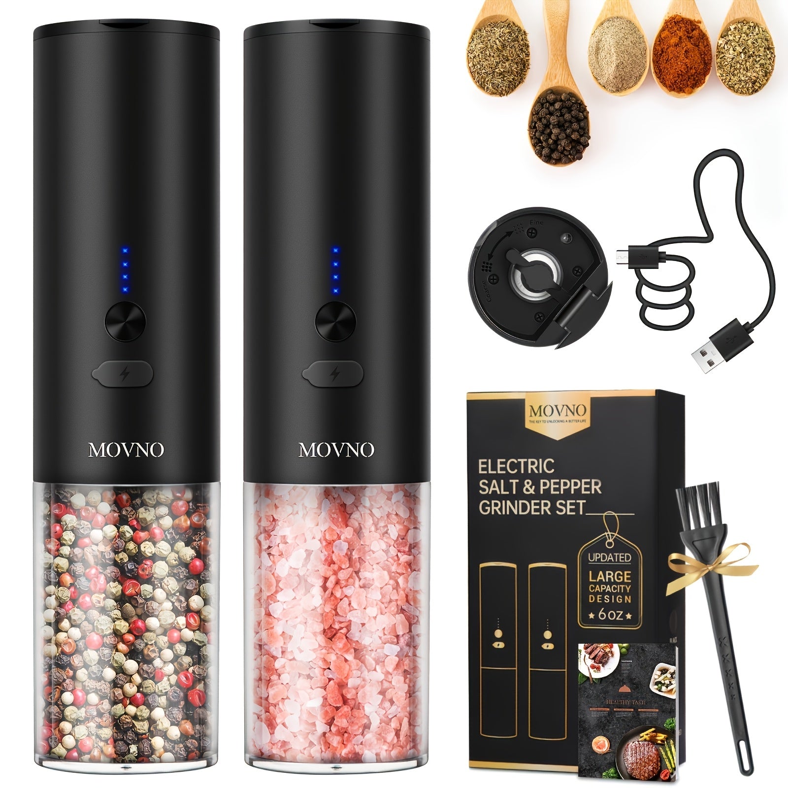 TEMU Circuit Protection Electric Salt And Pepper Grinder Set With Usb Rechargeable Adjustable Coarseness & Led Light, Large Capacity Automatic