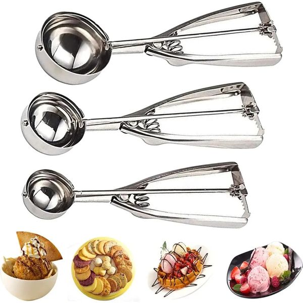 3PCSSet Stainless Steel Ice Cream Scoops Set for Baking Easy To Clean Highly Durable Ergonomic Handle Cookie Dough Scoop Set 250113
