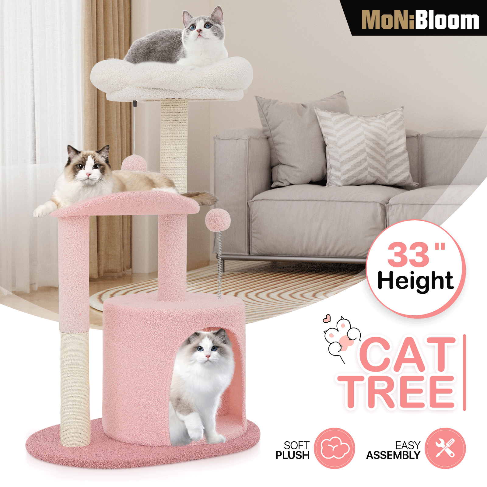 TEMU Monibloom 33" Flower Cat Tower, Cute Cat Activity Tree With Scratching Post For Indoor Kittens, Cozy Condo & Plush Perches