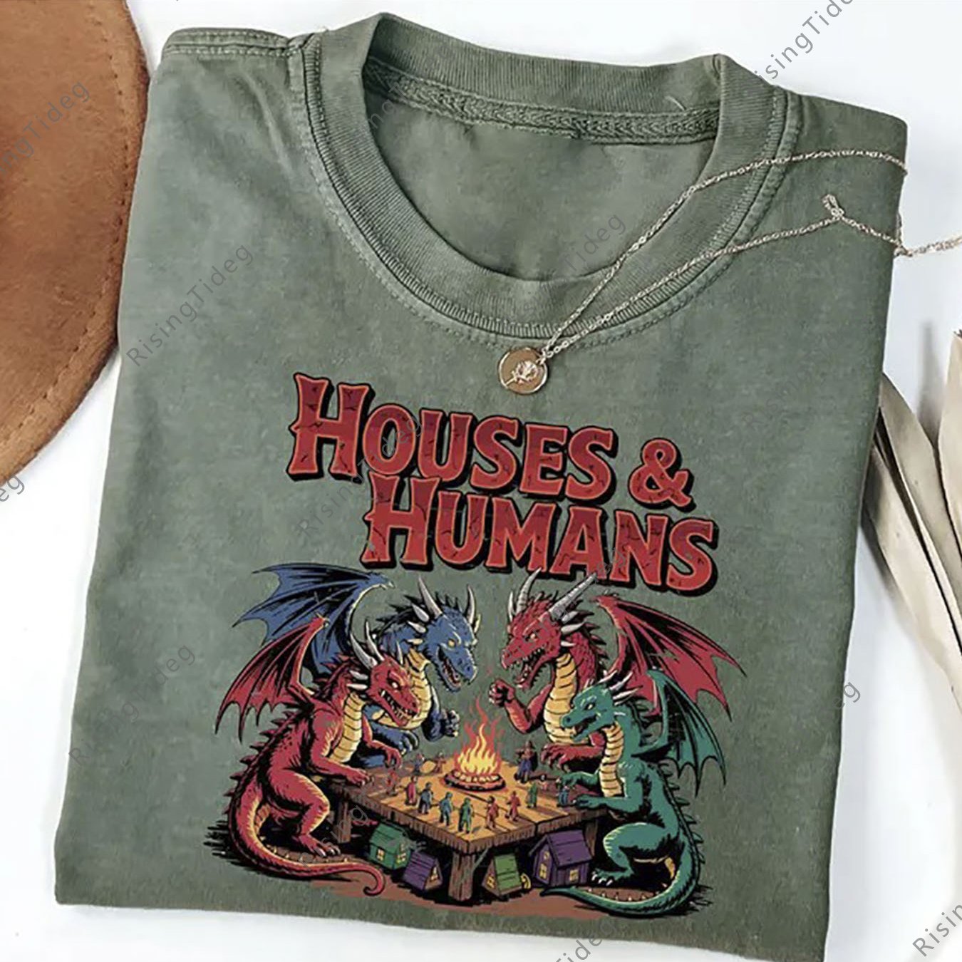 TEMU 230g Washed, House And Human Printed T-shirt, High-quality Wax Printed Cotton Retro Fashion -shirt, Men's T-shirt, Beach Essential, Summer