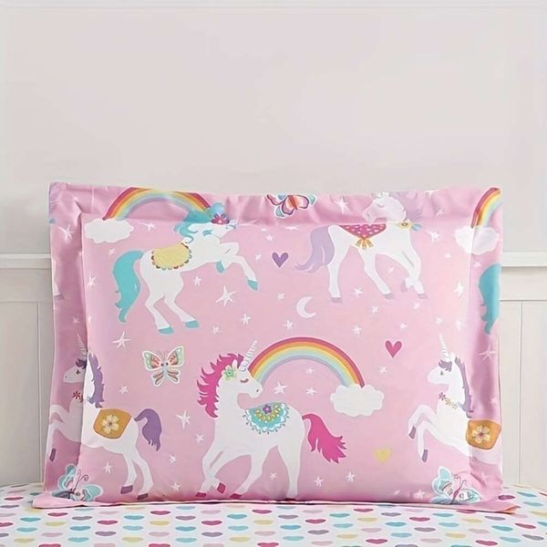 Duvet Cover Rainbow Unicorn Bed-in-a-Bag Coordinated Bedding Set, Pink, Twin Size1 comforter (66x86), fitted (39x75x12), flat sheet (66x96),