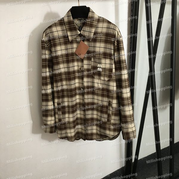 Vintage Plaid Shirts Embroidered Logo Blouses Long Sleeved Cotton Outerwear Women Lapel Neck Coats Designer Clothes