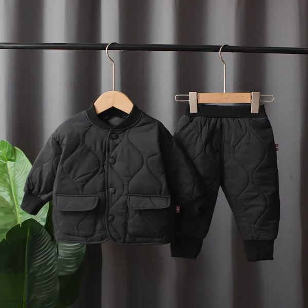 w112 Stylish Baby Boy Cold-Weather Ensemble Featuring Soft Cotton Parka and Matching Trousers