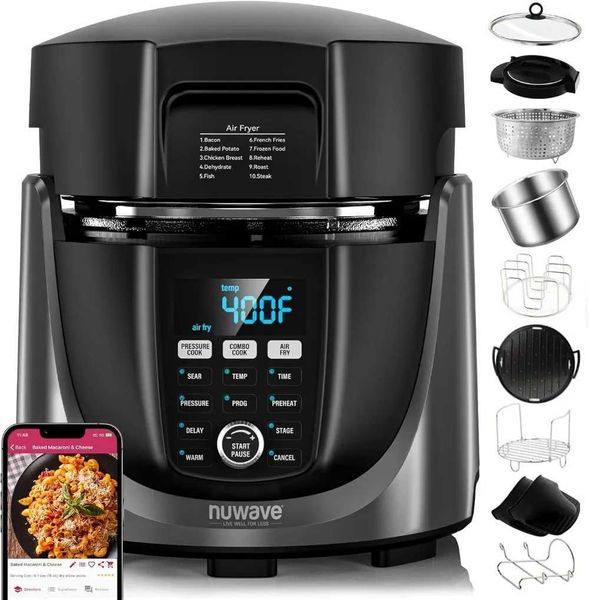 Nuwave Duet Air Fryer a combination of electric pressure cookware and grill 540 in 1 multi cookware with 3 detachable lids for slow cooking