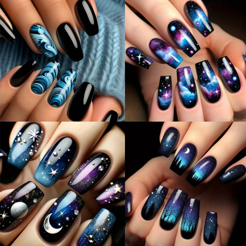 TEMU 96pcs (4 Pack) Celestial Nail Art Stickers, Long Square Shape, Glossy Finish, Blue& Purple Tones, Star And Moon Patterns, Removable Pre-designed