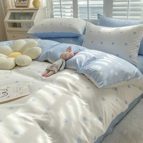 Ins Blue Love Heart Bedding Set Soft Bed Flat Sheet Pillowcase Women Girls Duvet Cover Twin Full Queen Size Home TextilesC241021